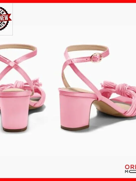 Satin Bow Heels Sandals 2.36 Inch Block Heel Ankle Strap Wedding Shoes - Picture 6 of 7